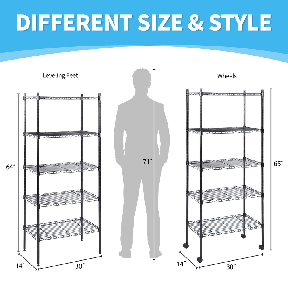 Adjustable 5-Tier Black Wire Shelving Unit, 30"W x 14"D x 65"H