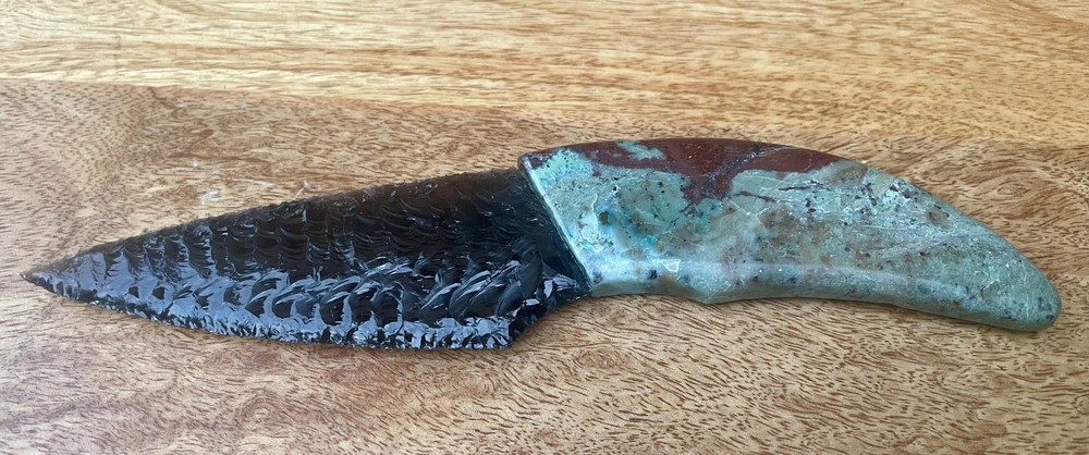 Custom Stone Knife. Obsidian Blade and Chrysocolla Handle. Tommy Masingale