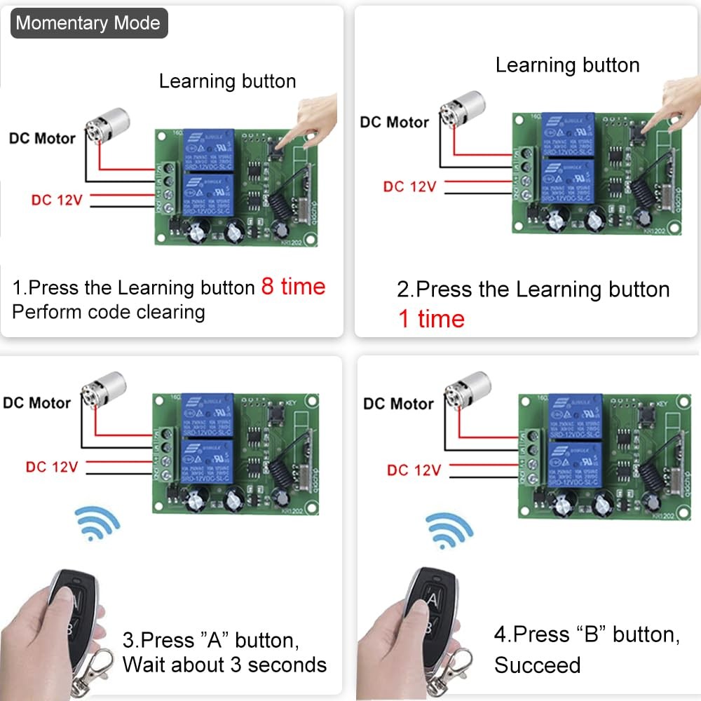 DC 5V-60V Motor RF Remote Control, KR1202, Forward, Reverse, 433Mhz, Relay