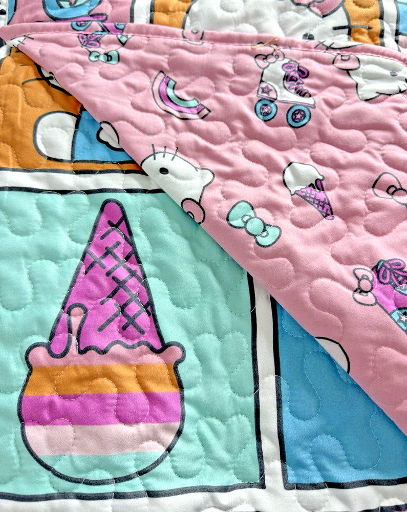 Hello Kitty Quilted Blanket Twin Size 60x80", Reversible Roller Skat, Multicolor