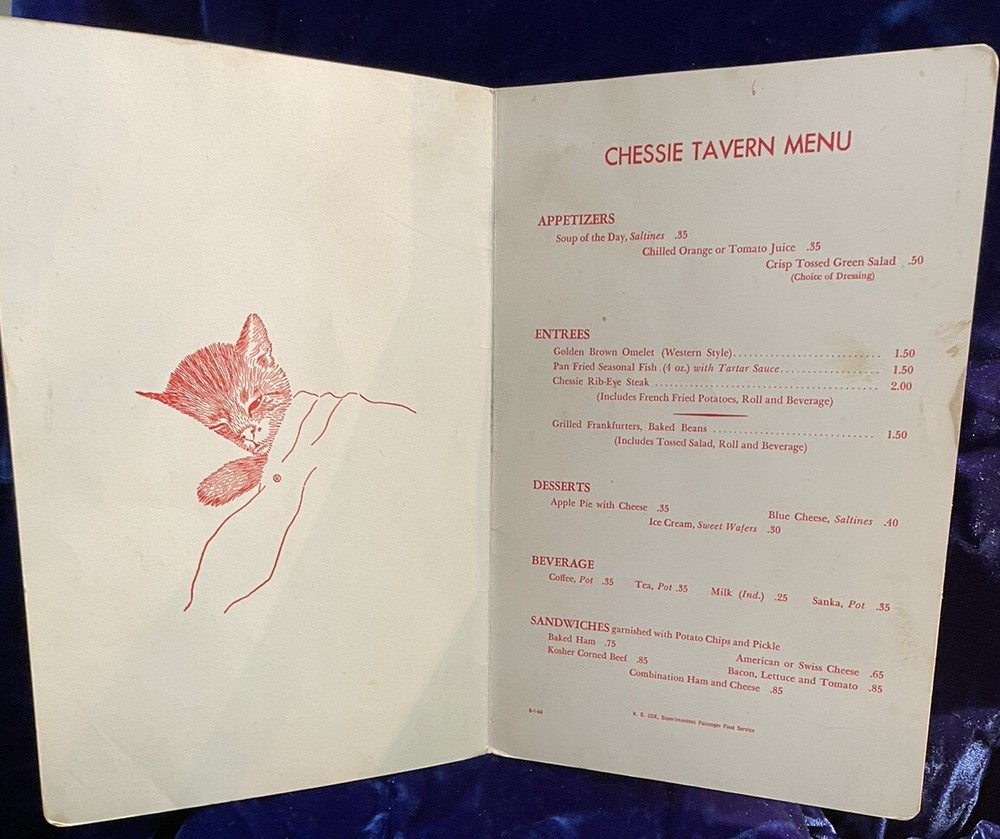 CHESSIE 1966 Train Menu. Black Cover.