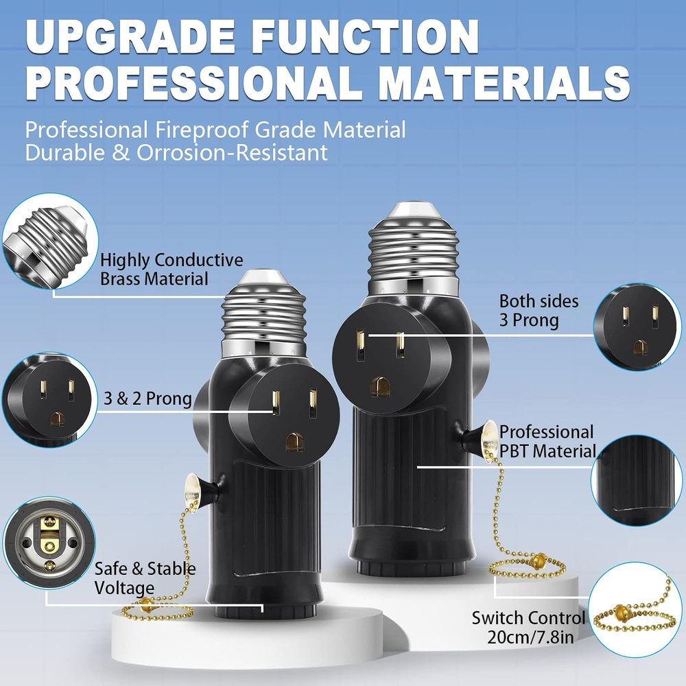 Light Socket to Plug Adapter, Both Sides Support 3 Prong Light Socket Adapter, P