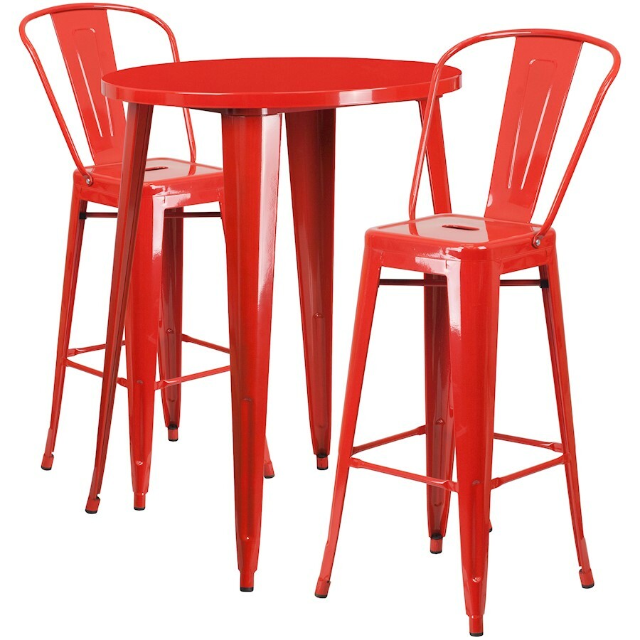Flash Commercial Grade 30" Round Red Metal Bar Table Set & 2 Cafe Stools