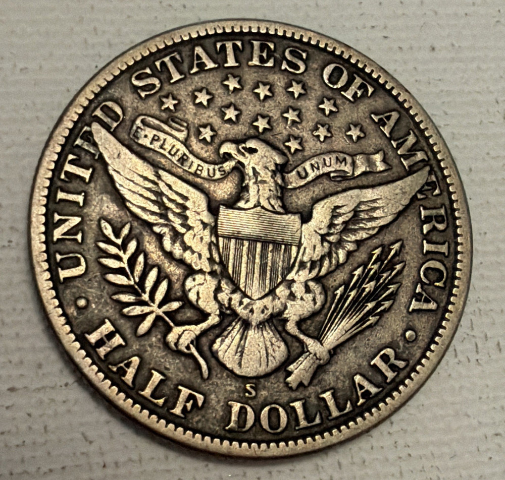1912-S BARBER HALF DOLLAR - VF+