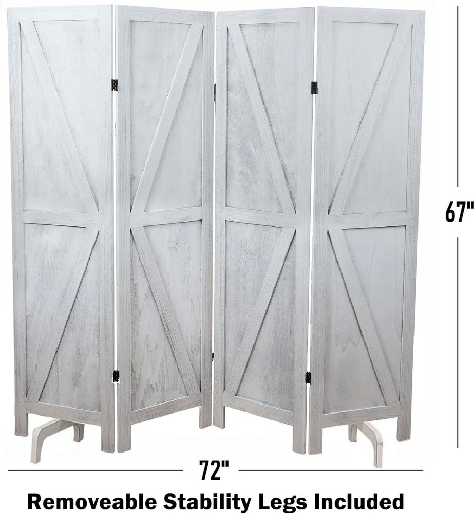 Rustic White 4-Panel Room Divider - Easy to Move Folding Privacy Screen