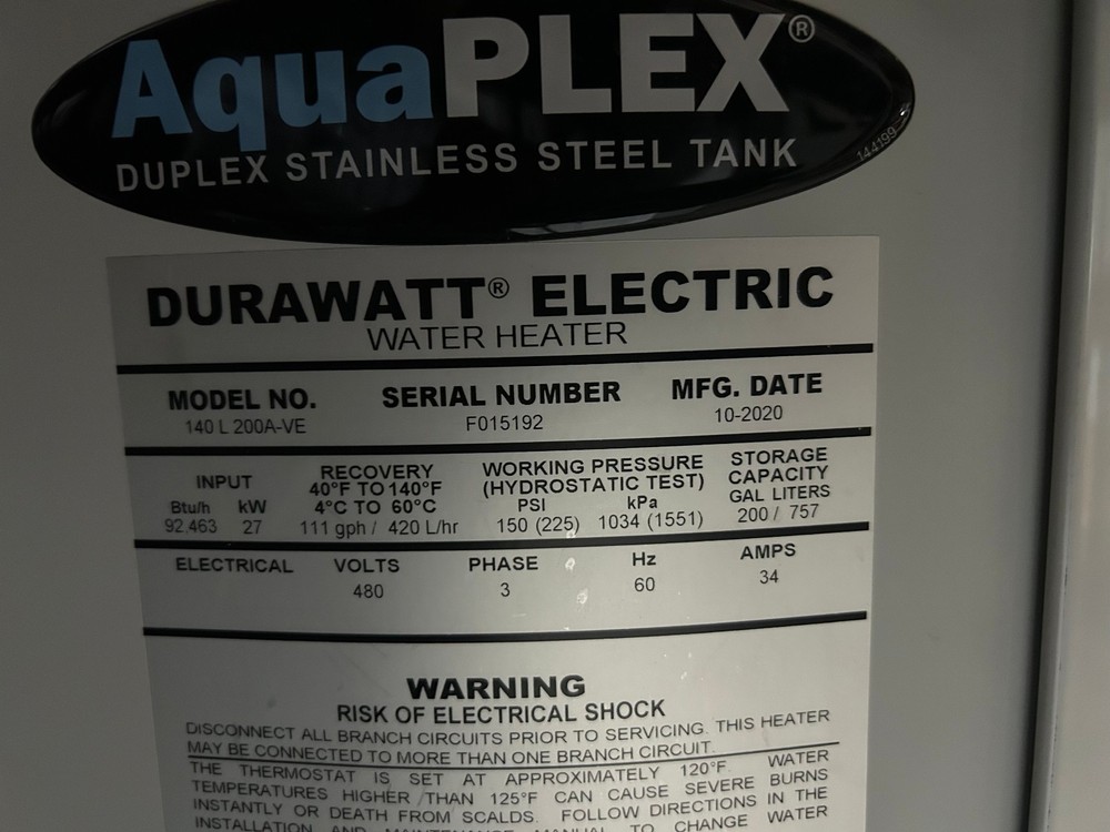 PVI AquaPlex Durawatt 200 Gallon Stainless Steel 480-3 Electric Water Heater