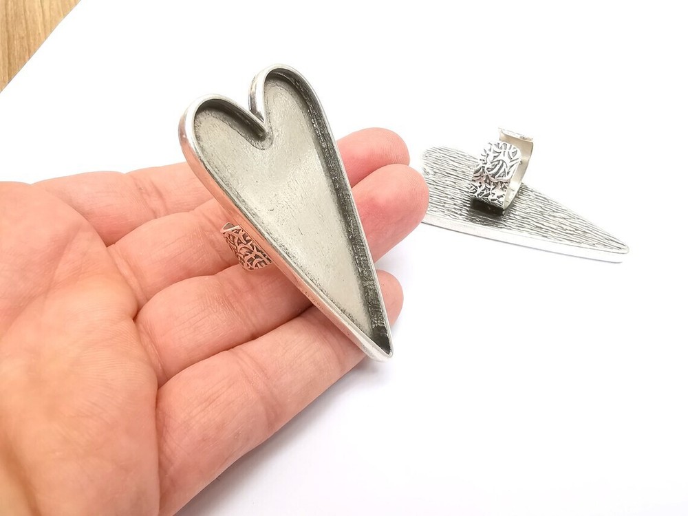 Large Heart Ring Blank Settings, Cabochon Mounting, Adjustable Antique Silver