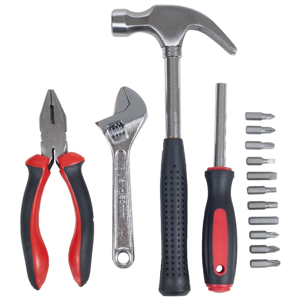 Stalwart 15PC Tool Set with Hammer, Multi-Bit Screwdriver, and More (Red)