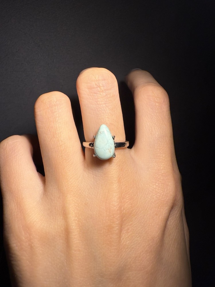 Natural Hubei Turquoise Drop Ring / Silver- plated/adjustable