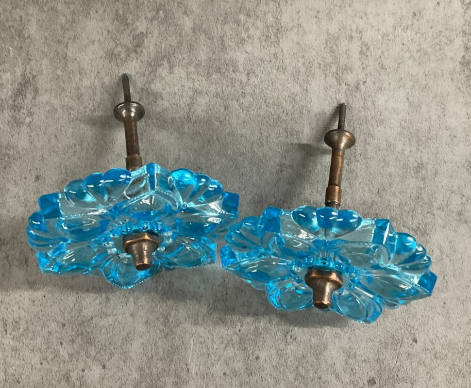 Vintage decorative glass curtain pull backs, blue floral