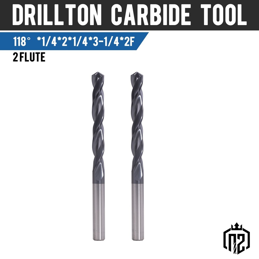 2Pcs 118?? Point Angle 1/4"x2"x3-1/4" Solid Carbide Drill Bits - AlTiN Coated