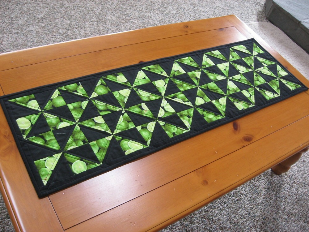Handmade Quilted Table Runner Green Lime Fruit with Solid Black FREE SHIPPING