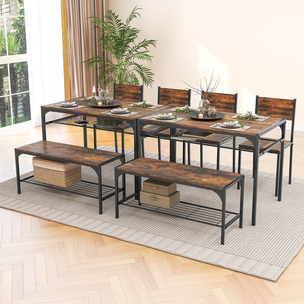 Dining Table Set for 4 Rectangular Table w/ 2 Chairs, 1 Bench, Storage Racks