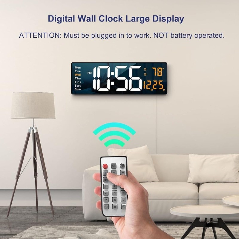 Large Digital Wall Clock Remote Control Brightness Memory Function Alarm Timer