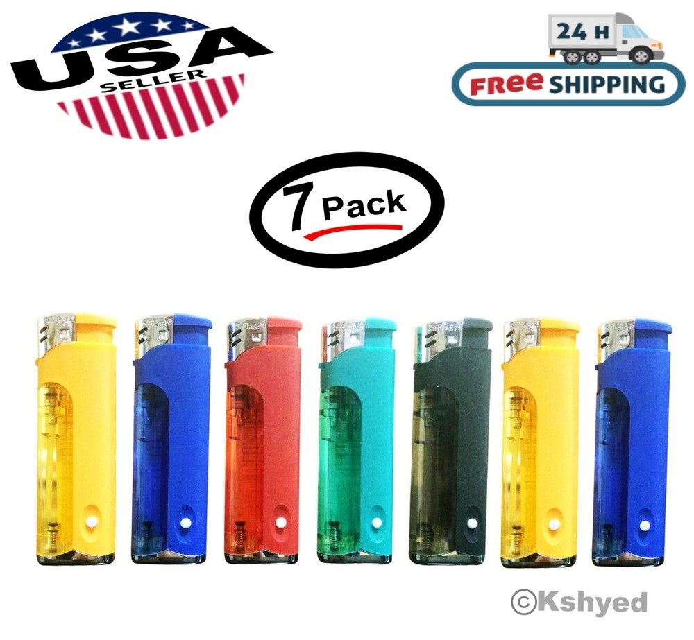 (7 Pack) 5-Flags Refillable Butane Flame AST Lighter (Colored LED Flashlight)New