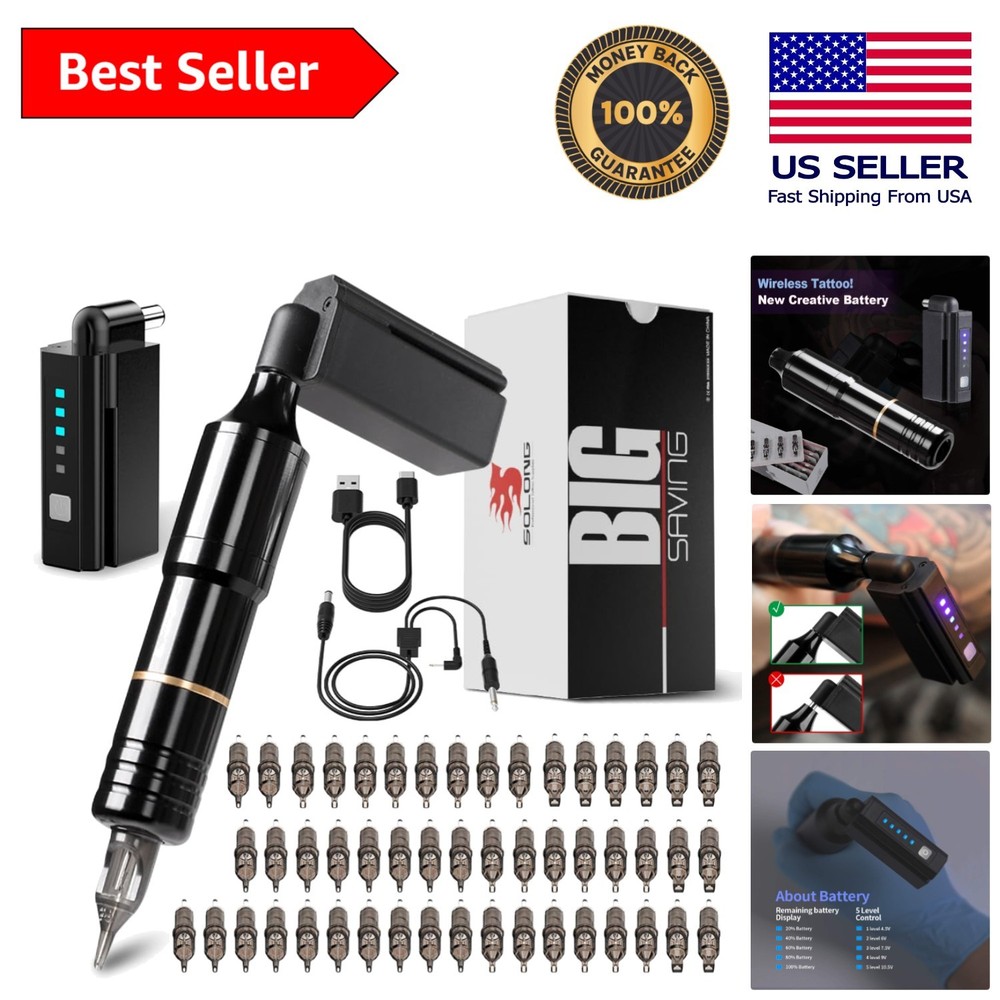Versatile Tattoo Pen Machine with Wireless Supply & 50pcs Needles - Black Kit