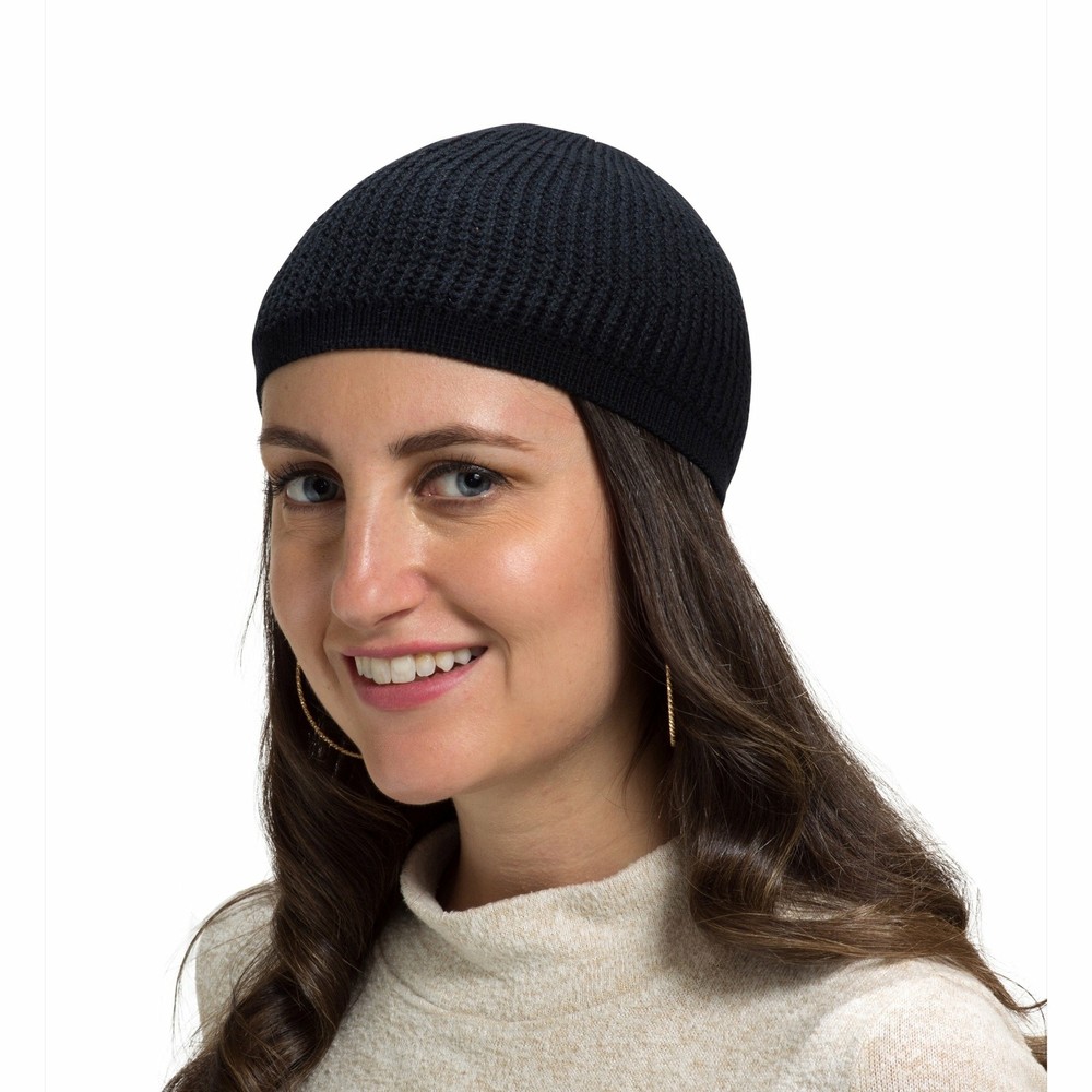 Solid Colored Elastic Skull Cap Kufi Hats with Ribbed Checkered Knit