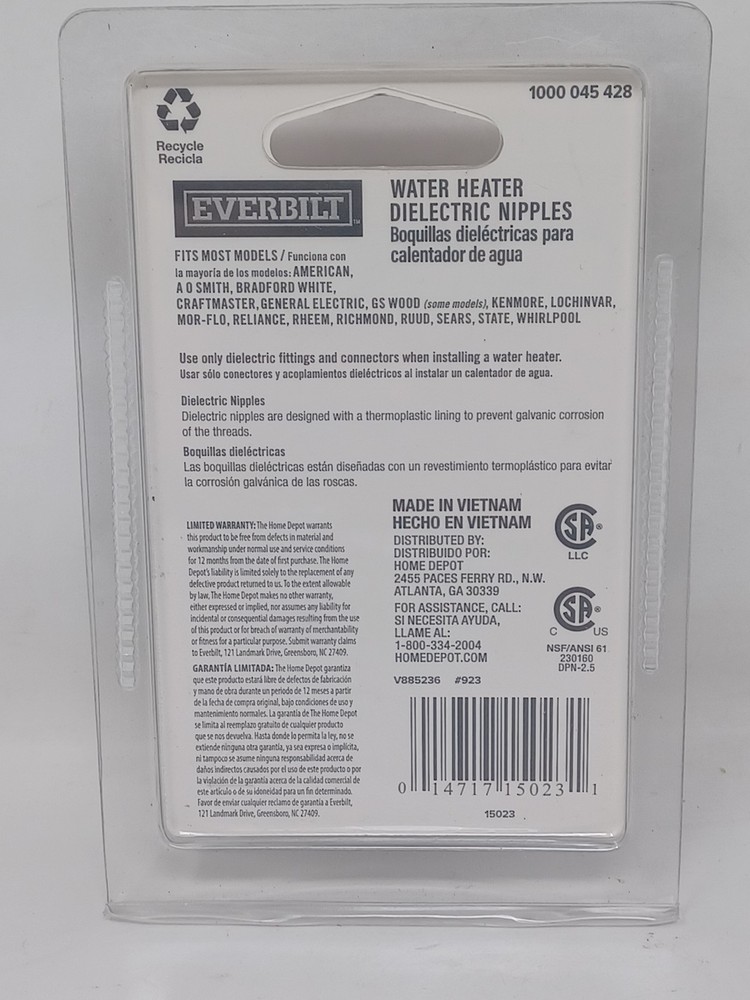 2 - Everbilt Water Heater Dielectric Nipple 3/4"