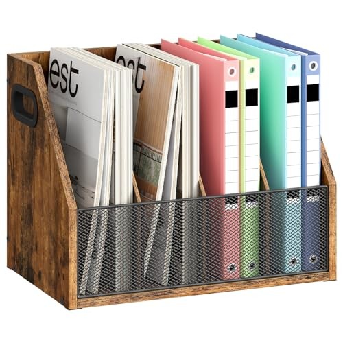 Wooden Desktop File Organizer with Removable Dividers, Mesh Front Panel for