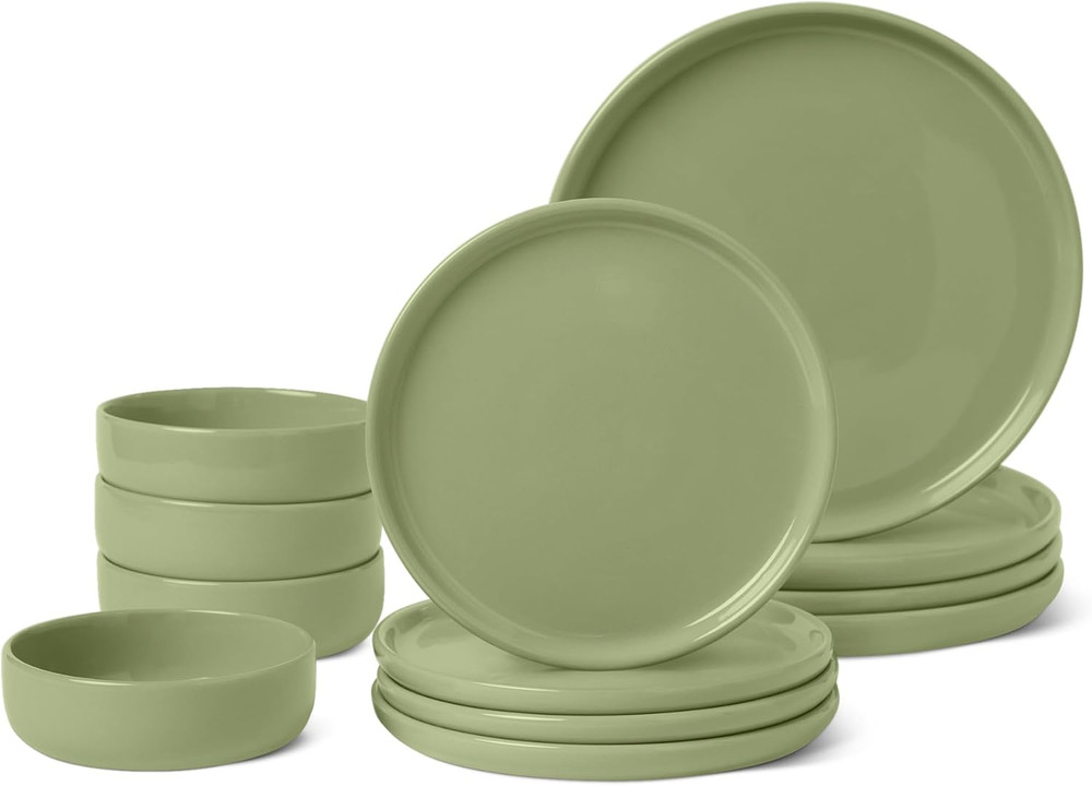 Glazed Stoneware Dinnerware, 12-Piece Set, 4 Full Place Settings, Microwave and