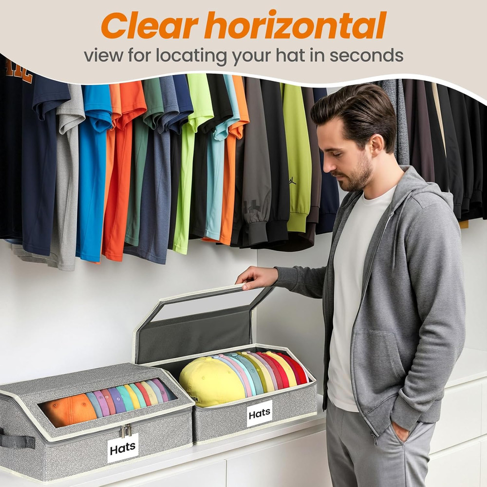 Hat Organizer for Baseball Caps, 2-Pack Stackable Hat Storage Box Holds 30 Caps,