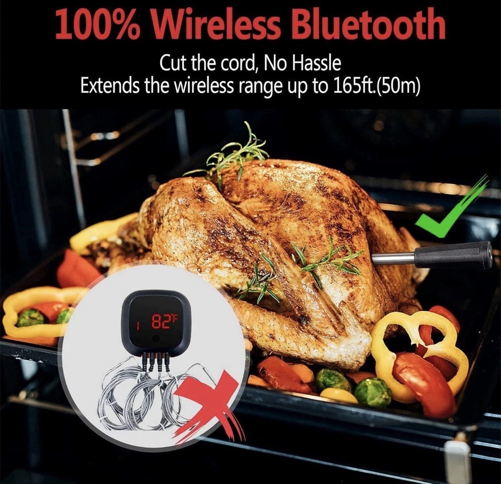 Smart Meat Thermometer with Bluetooth &165ft Wireless Range PROBE TEMP