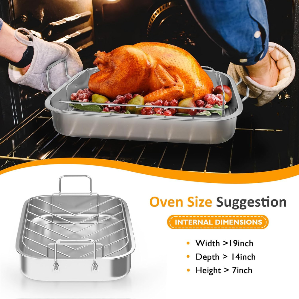 15.6'' Roasting Pan with V-Shaped Rack, Rectangular Lasagna Pan with Handle, Non