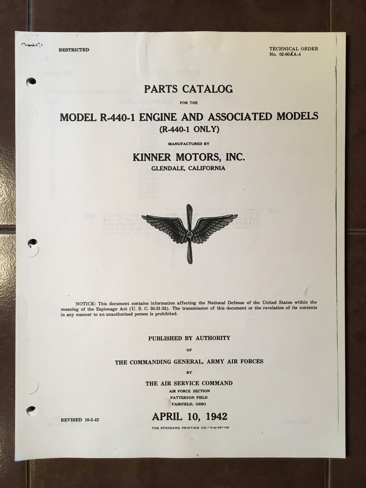 Kinner R-440-1 Aircraft Engine Parts Manual
