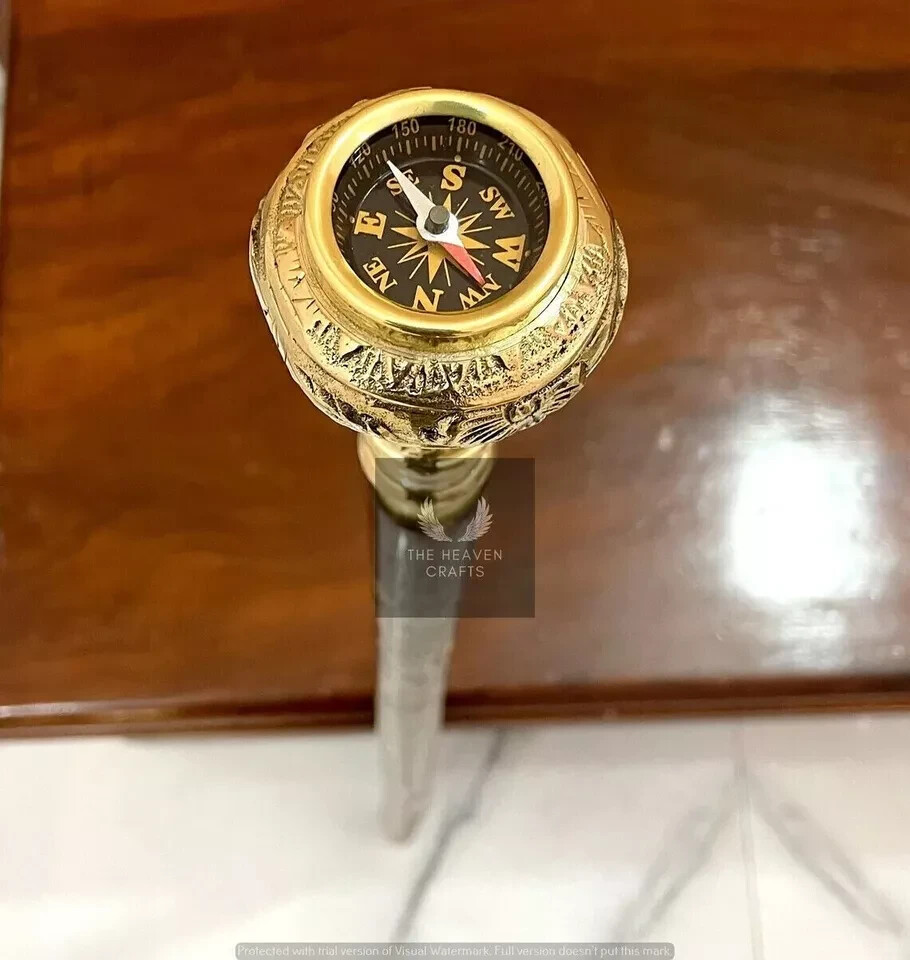 Brass Designer Handle Wooden Cane Walking Stick With Compass Gift