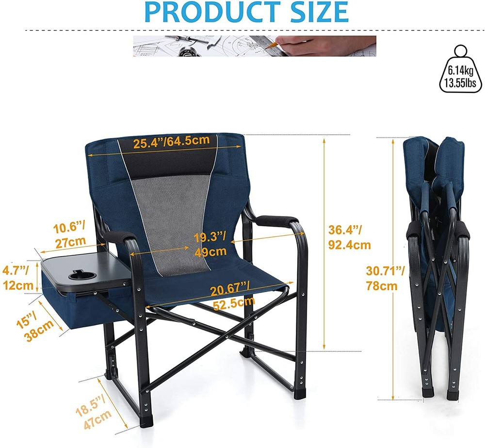 Oversized Camping Folding Director Chair Heavy Duty with Side Table Cup Holder