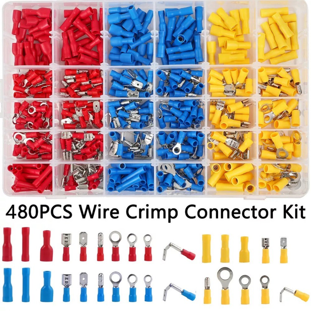 480PCS Assorted Electrical Wire Terminals Crimp Connectors Spade Insulated Kit