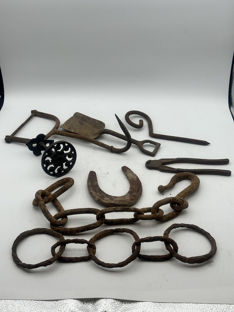 Vintage Rustic Iron Wall Decor Tools Chains And Black Coat Hanger