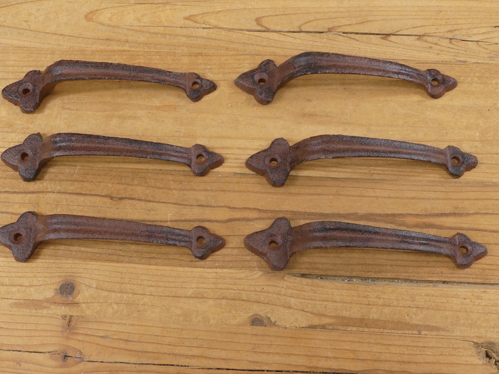 6 CAST IRON HANDLES RUSTIC DRAWER PULLS 6" LONG HANDLE GRASP DOOR GATE FARM