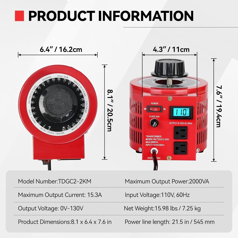 2000VA Variable AC Power Supply Voltage Transformer Voltage Regulator Transfo...