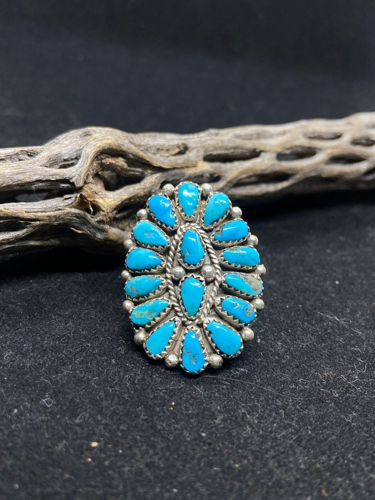 Native Zuni sleeping beauty turquoise Sterling silver cluster Ring Size 8