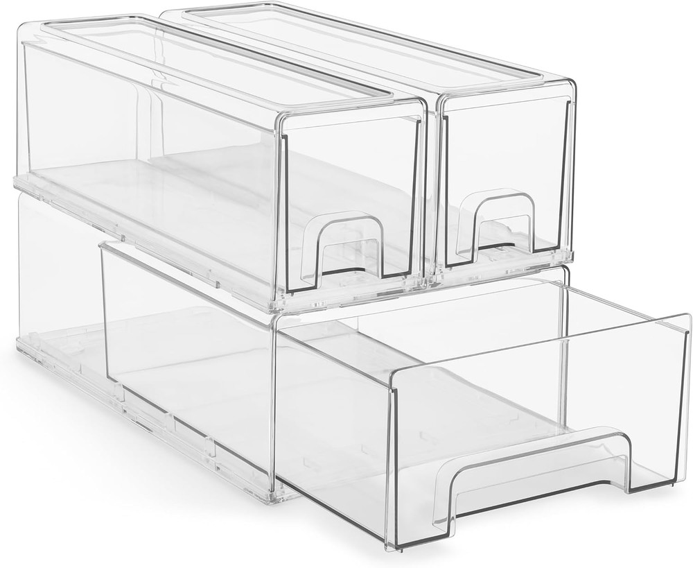1 Medium & 2 Small Clear Stackable Storage Drawers – Plastic Organizer Bins with