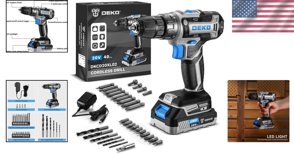 Versatile 20V Cordless Power Drill with Bits - Compact Design for Easy Use