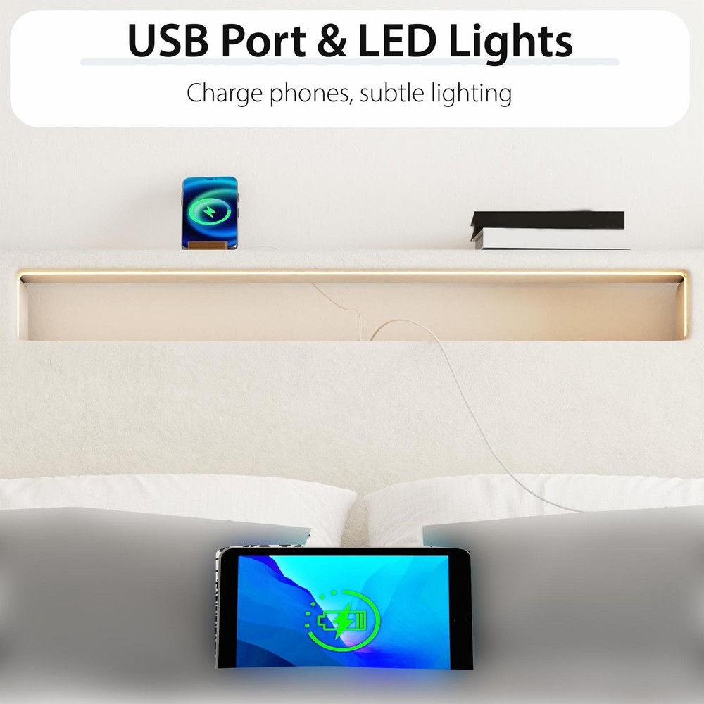 Upholstered Platform Bed Large Size Frame With LED Light And Charging Function