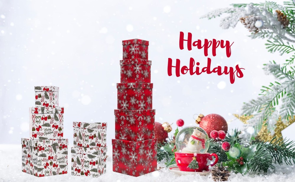 5PCS Christmas Nesting Gift Boxes with Lid, Nested Box Set, 5 Sizes, Square S...
