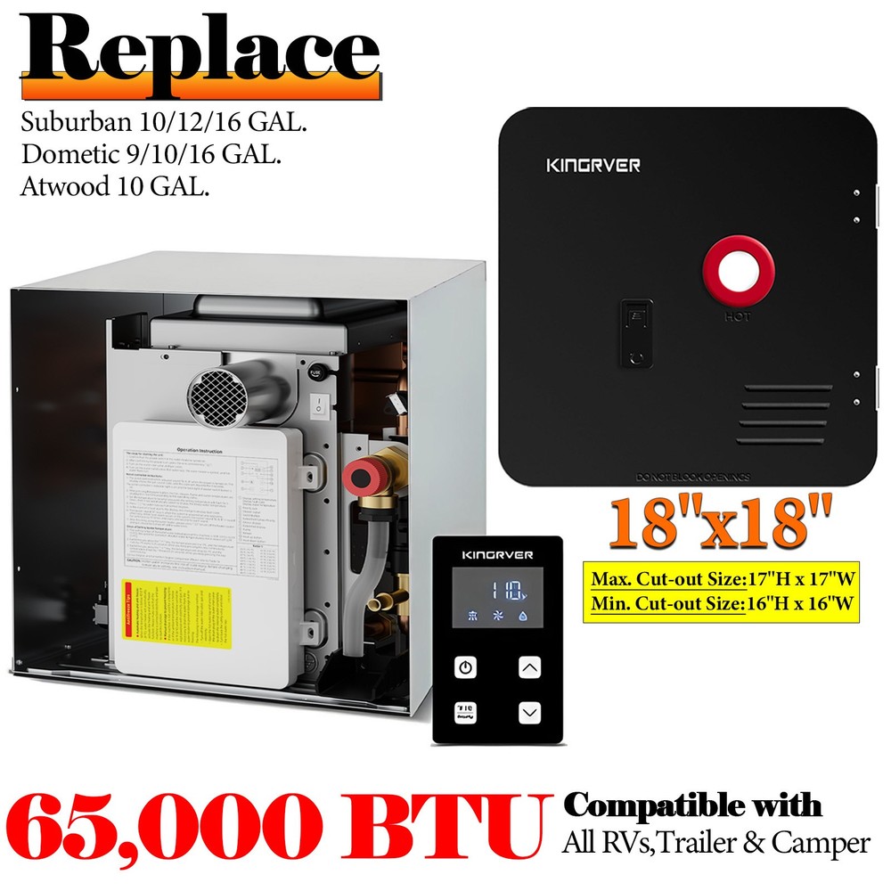 65,000 BTU RV Tankless Water Heater W/18x18" Door Propane for 9/10/12/16 Gal.