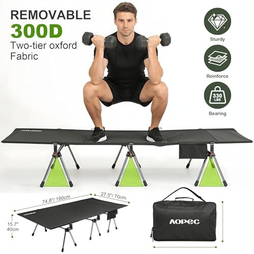 Camping Cot, Heavy Duty 330lbs Capacity, Adjustable Height with Leg 75"