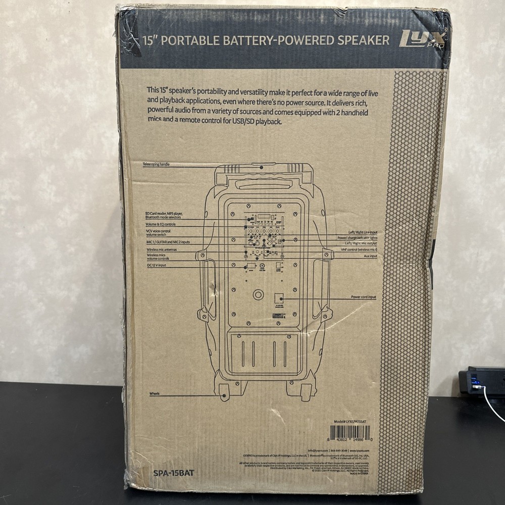 LyxPro 15'' Active PA Rechargeable Battery Speaker System