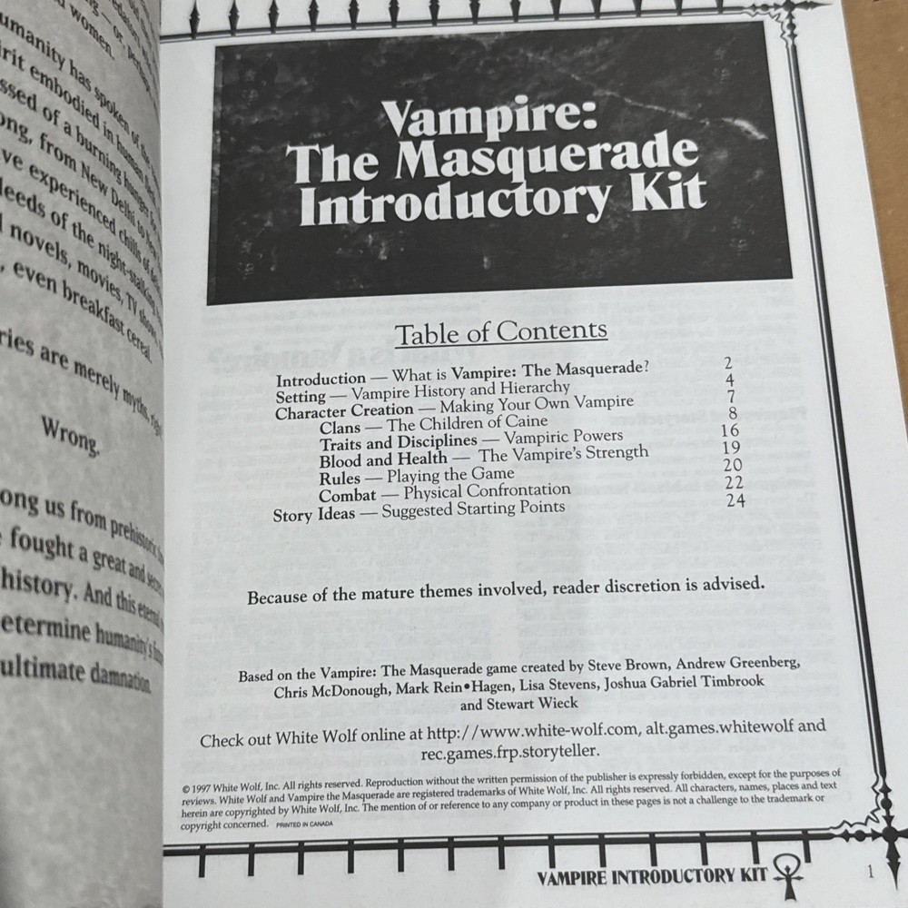 White Wolf Vampire The Masquerade Introductory Kit VG+