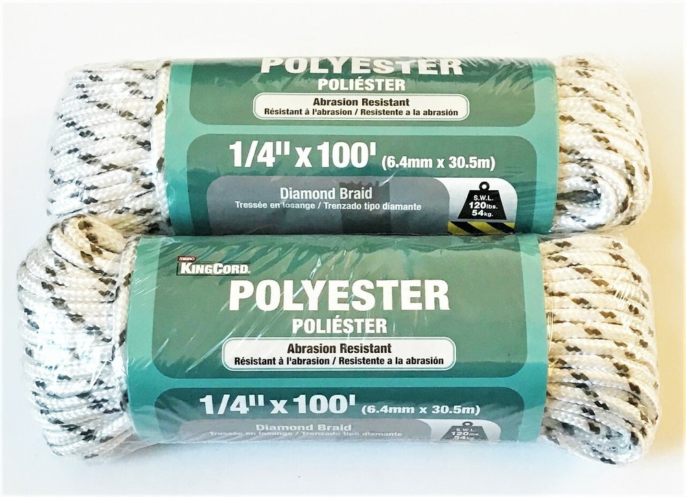 2 KINGCORD 1/4" X 100" DIAMOND BRAID POLYESTER GRAY/WHITE PULL STARTER ROPE