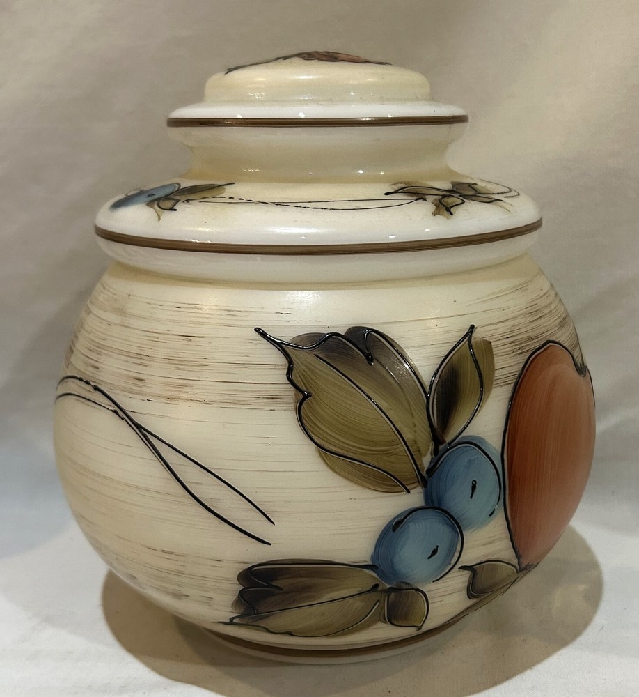 L G Wright Glass Jar Lidded Hand Painted Fruit 6.25" Vintage