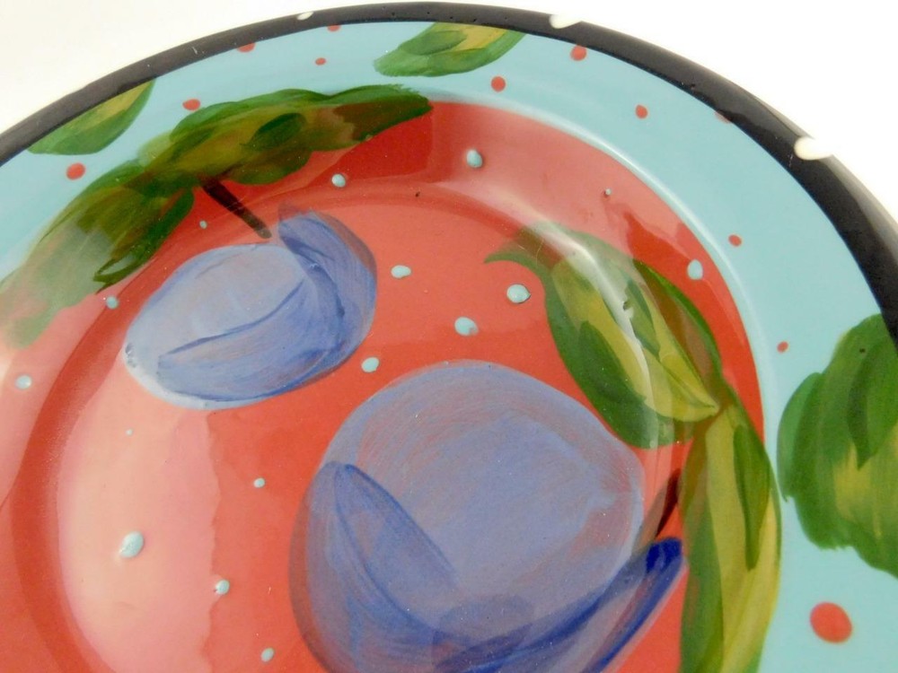 Ceramic Stoneware Rim Soup Bowl Handpainted Plums Signed on Base GOOD CONDITION