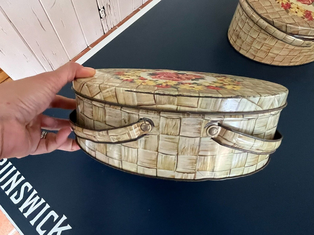 SET 3 MATCHING VINTAGE OVAL TIN 2-HANDLED SEWING BOXES ROSES BASKETWEAVE PATTERN