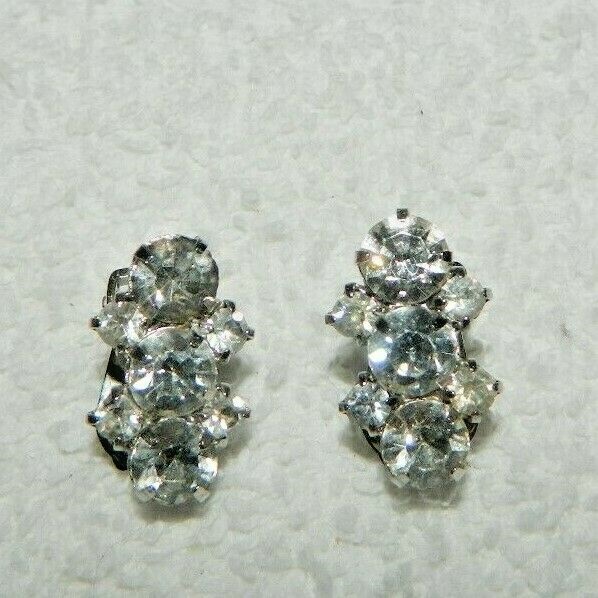 Stacked Clear Rhinestone & Silvertone Clip On Earrings