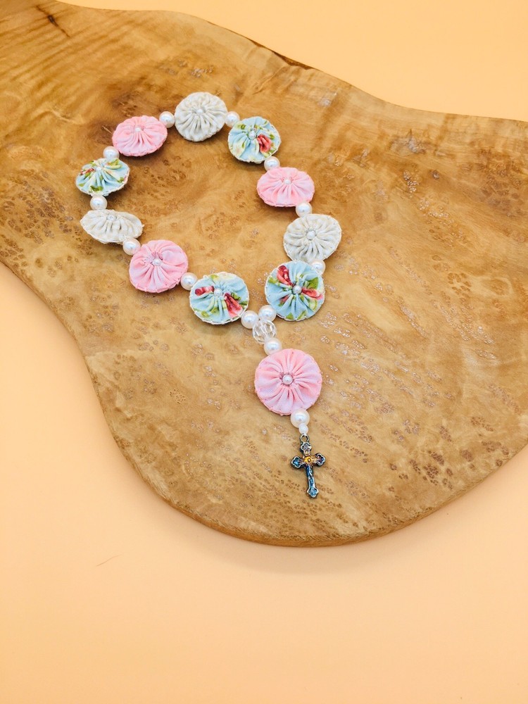 handmade rosary " fabric yoyo flower"