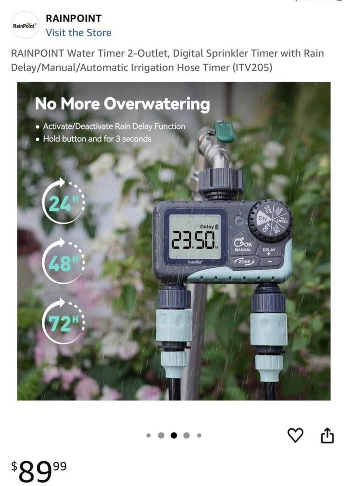 New RainPoint Programmable 2 Zone Water Timer - Model Number ITV205
